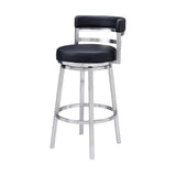30" Black And Silver Faux Leather And Iron Swivel Low Back Bar Height Bar Chair - Homeroots