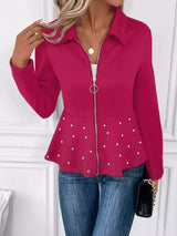 Pearl Embellished Zip-Up Peplum Outerwear - Trendsi - Flyclothing LLC