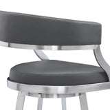 30" Gray And Silver Faux Leather And Iron Swivel Low Back Bar Height Bar Chair - Homeroots