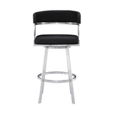 30" Black And Silver Faux Leather And Iron Swivel Low Back Bar Height Bar Chair - Homeroots