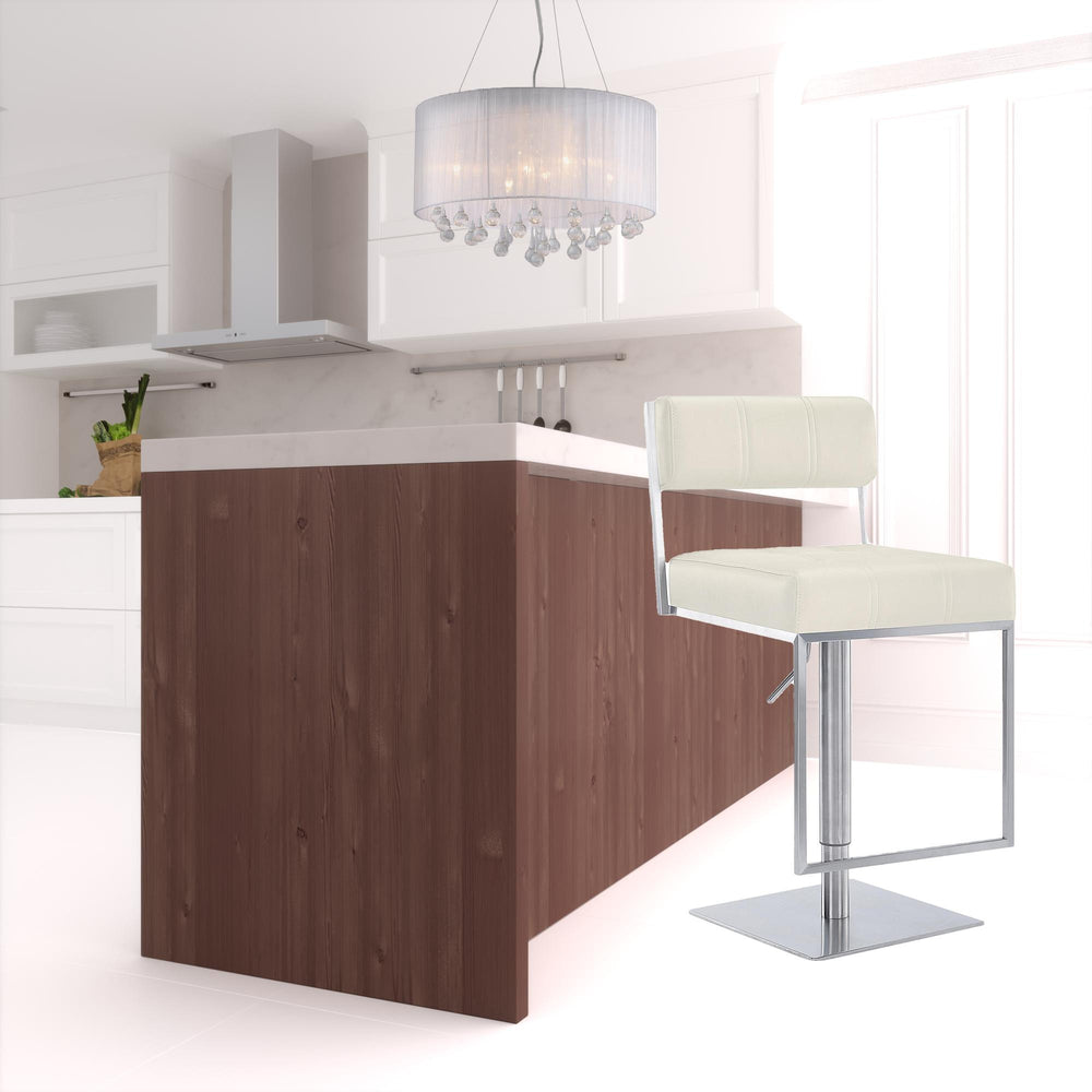 25" White And Silver Faux Leather And Iron Swivel Low Back Adjustable Height Bar Chair - Homeroots