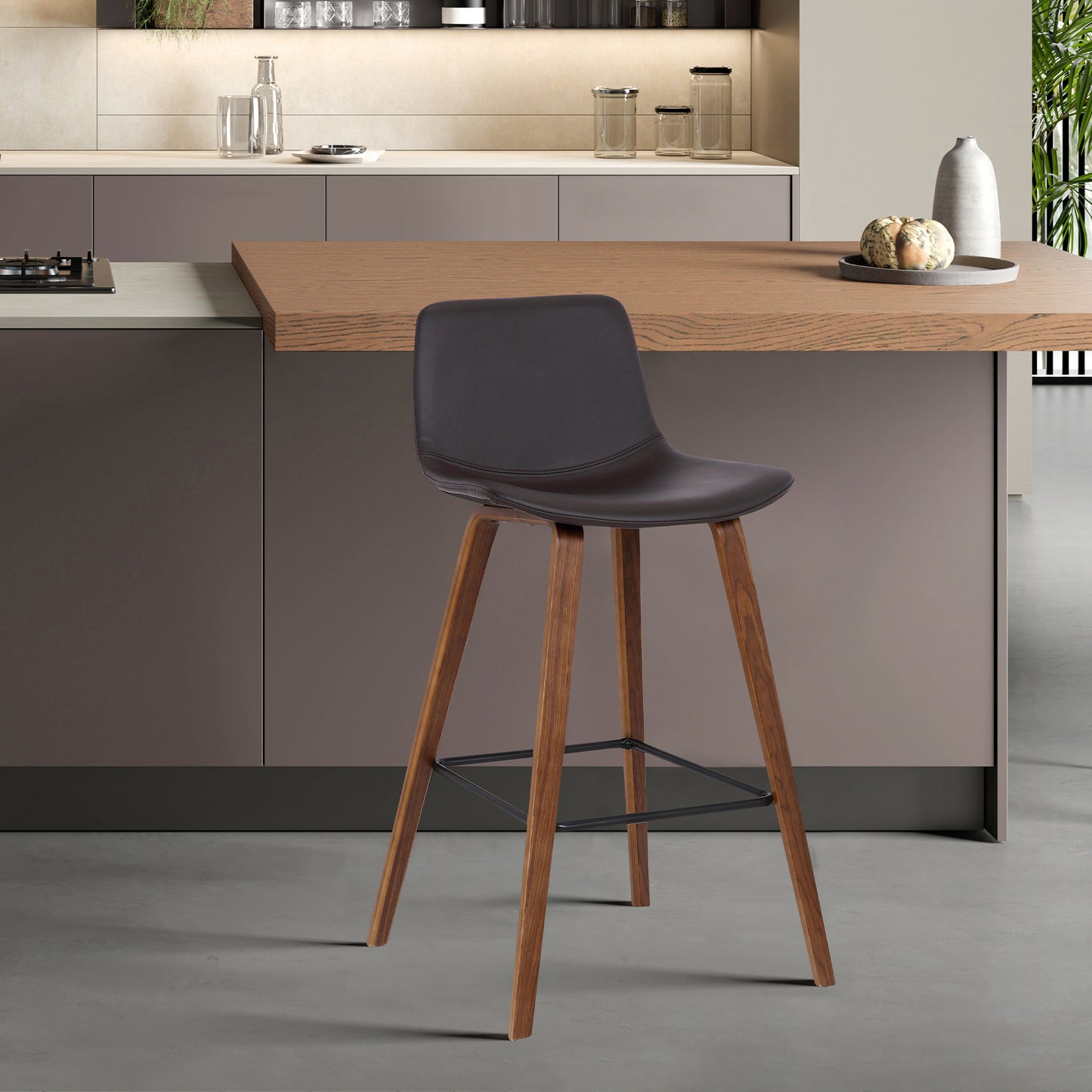 26" Brown Faux Leather And Solid Wood Low Back Counter Height Bar Chair - Homeroots - Flyclothing LLC
