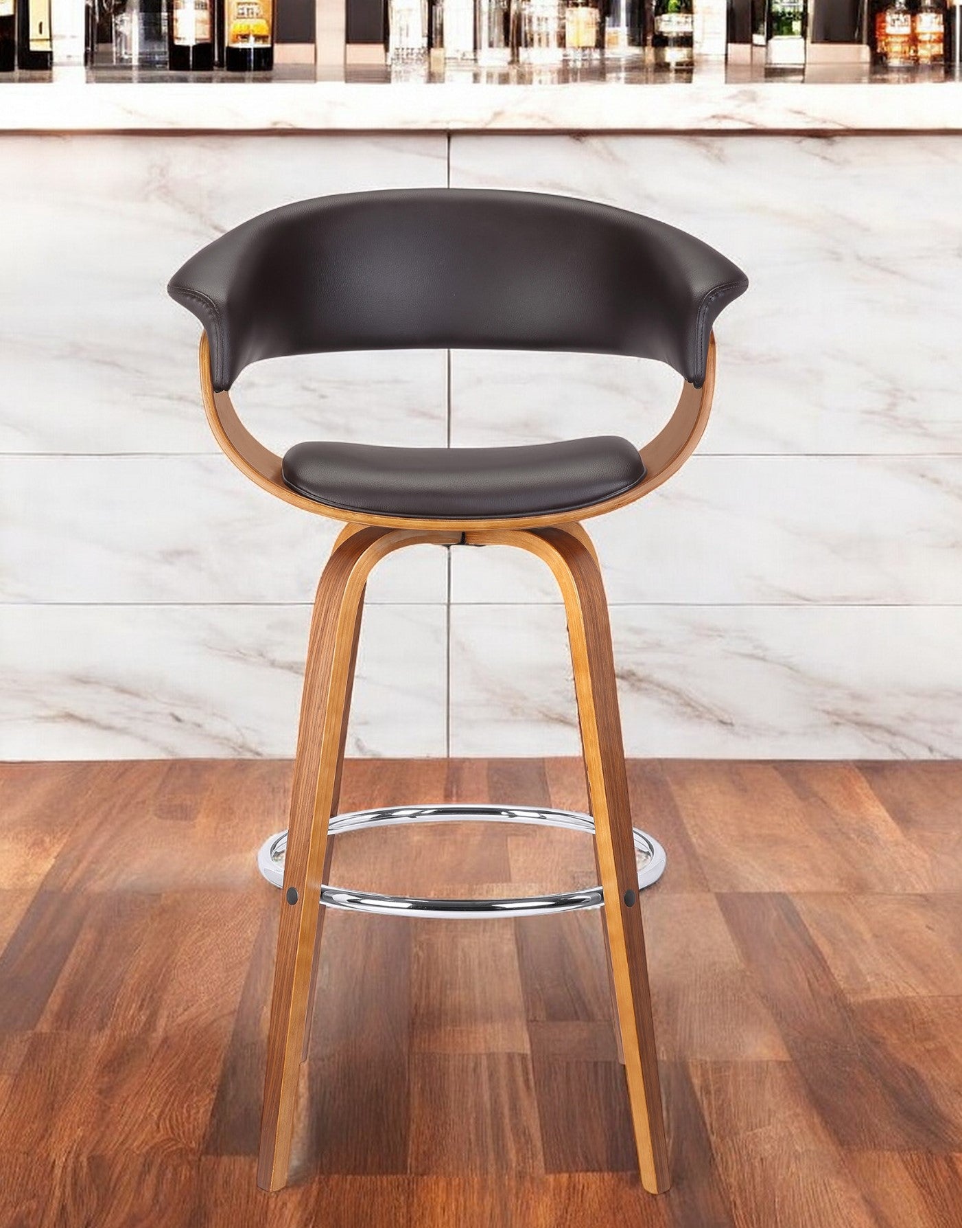 31" Brown Faux Leather And Solid Wood Swivel Low Back Bar Height Bar Chair - Homeroots - Flyclothing LLC