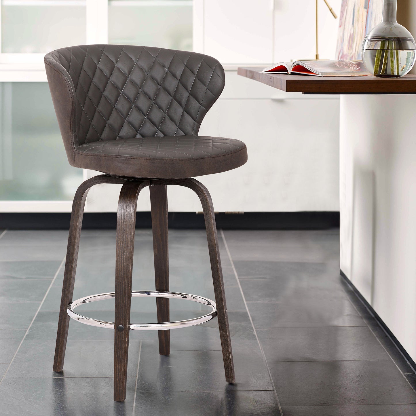 30" Brown Faux Leather And Iron Swivel Low Back Bar Height Bar Chair - Homeroots - Flyclothing LLC