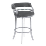30" Gray And Silver Faux Leather And Iron Swivel Low Back Bar Height Bar Chair - Homeroots