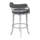 30" Gray And Silver Faux Leather And Iron Swivel Low Back Bar Height Bar Chair - Homeroots