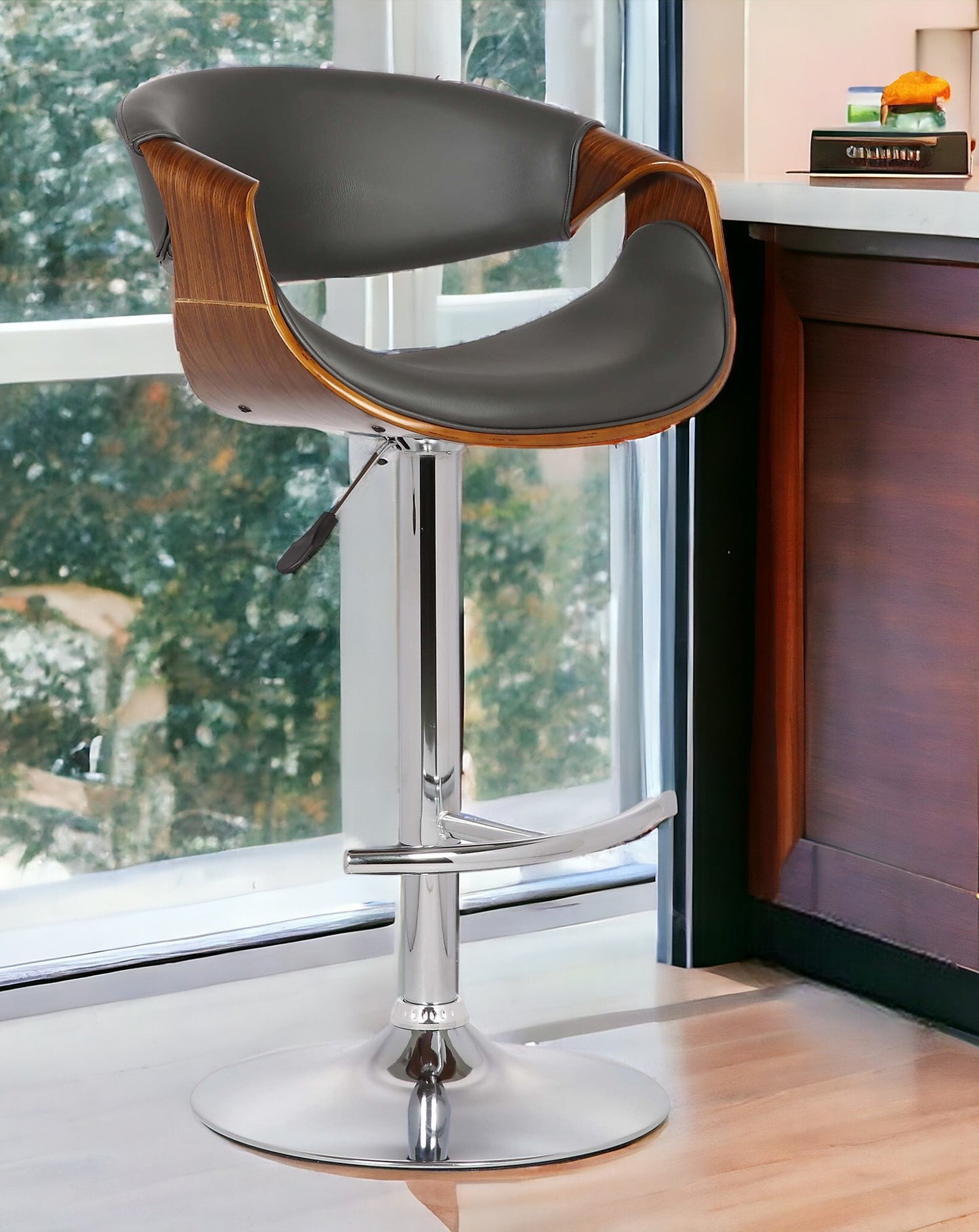 24" Gray And Silver Solid Wood Swivel Low Back Adjustable Height Bar Chair - Homeroots - Flyclothing LLC