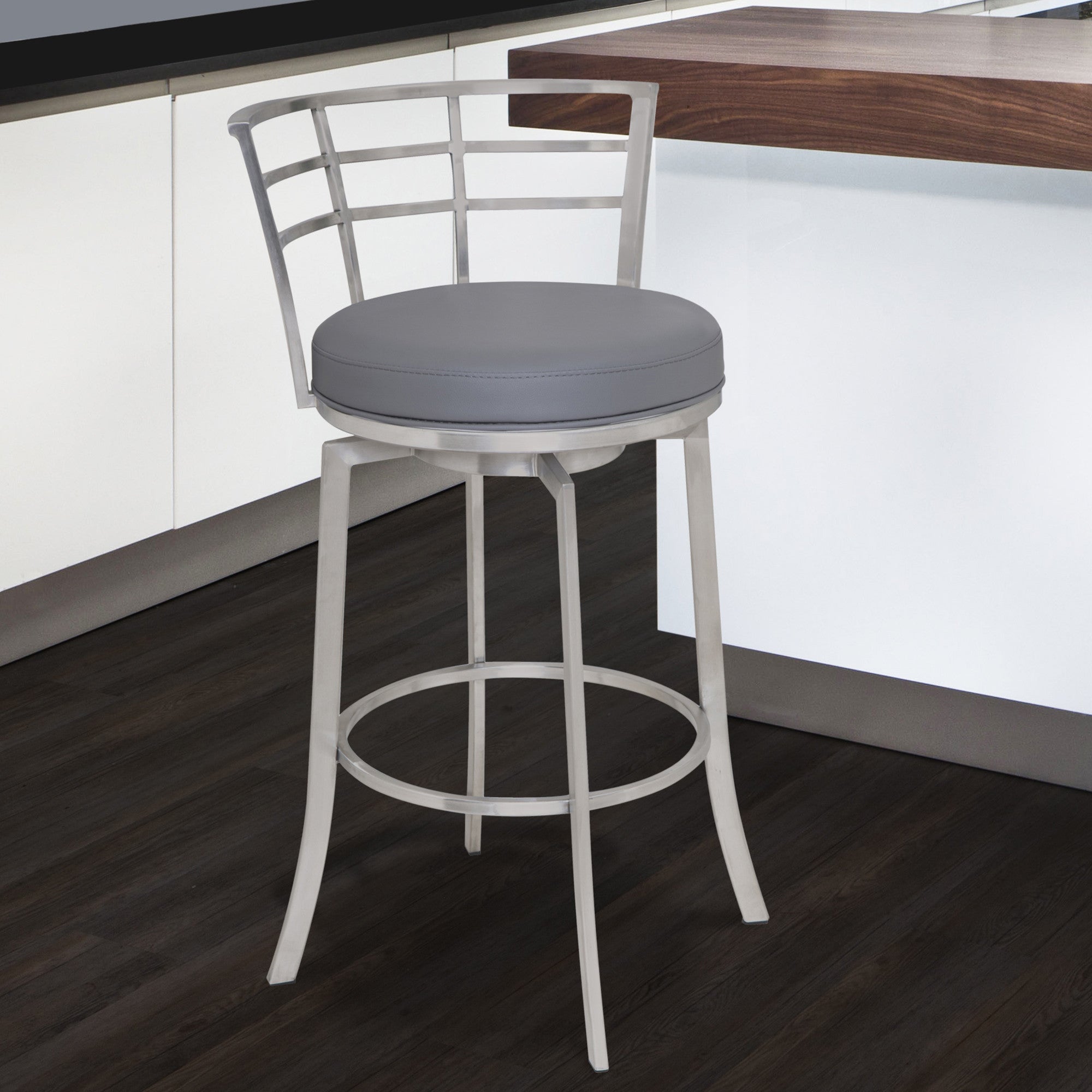 26" Gray And Silver Faux Leather And Iron Swivel Low Back Counter Height Bar Chair - Homeroots - Flyclothing LLC