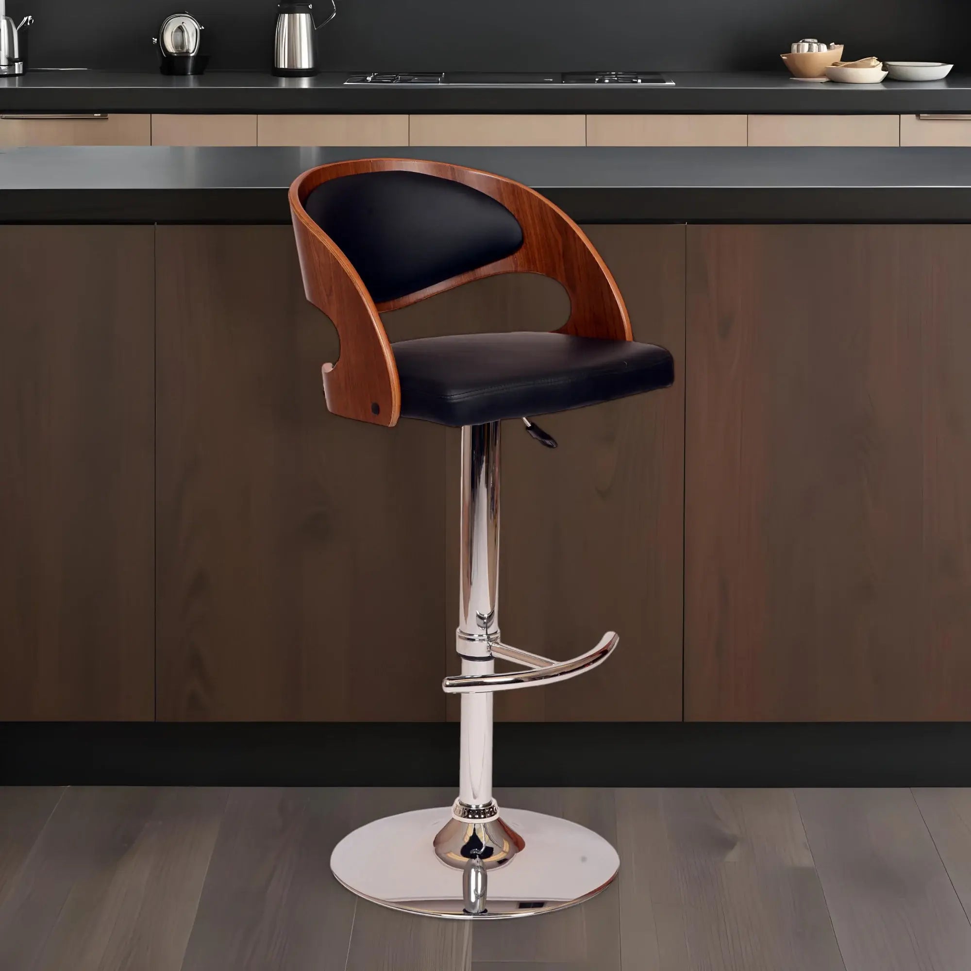 Black And Silver Faux Leather And Chrome Low Back Adjustable Height Swivel Bar Chair - Homeroots - Flyclothing LLC