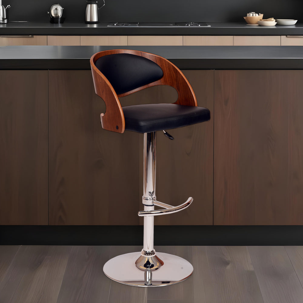Black And Silver Faux Leather And Chrome Low Back Adjustable Height Swivel Bar Chair - Homeroots