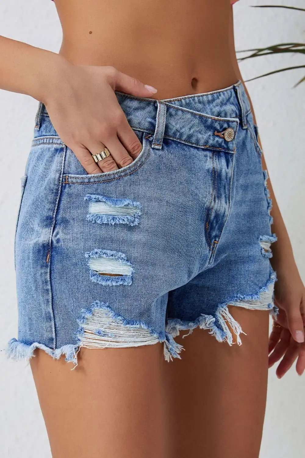 High Rise Crossover Waist Denim Shorts - Trendsi - Flyclothing LLC