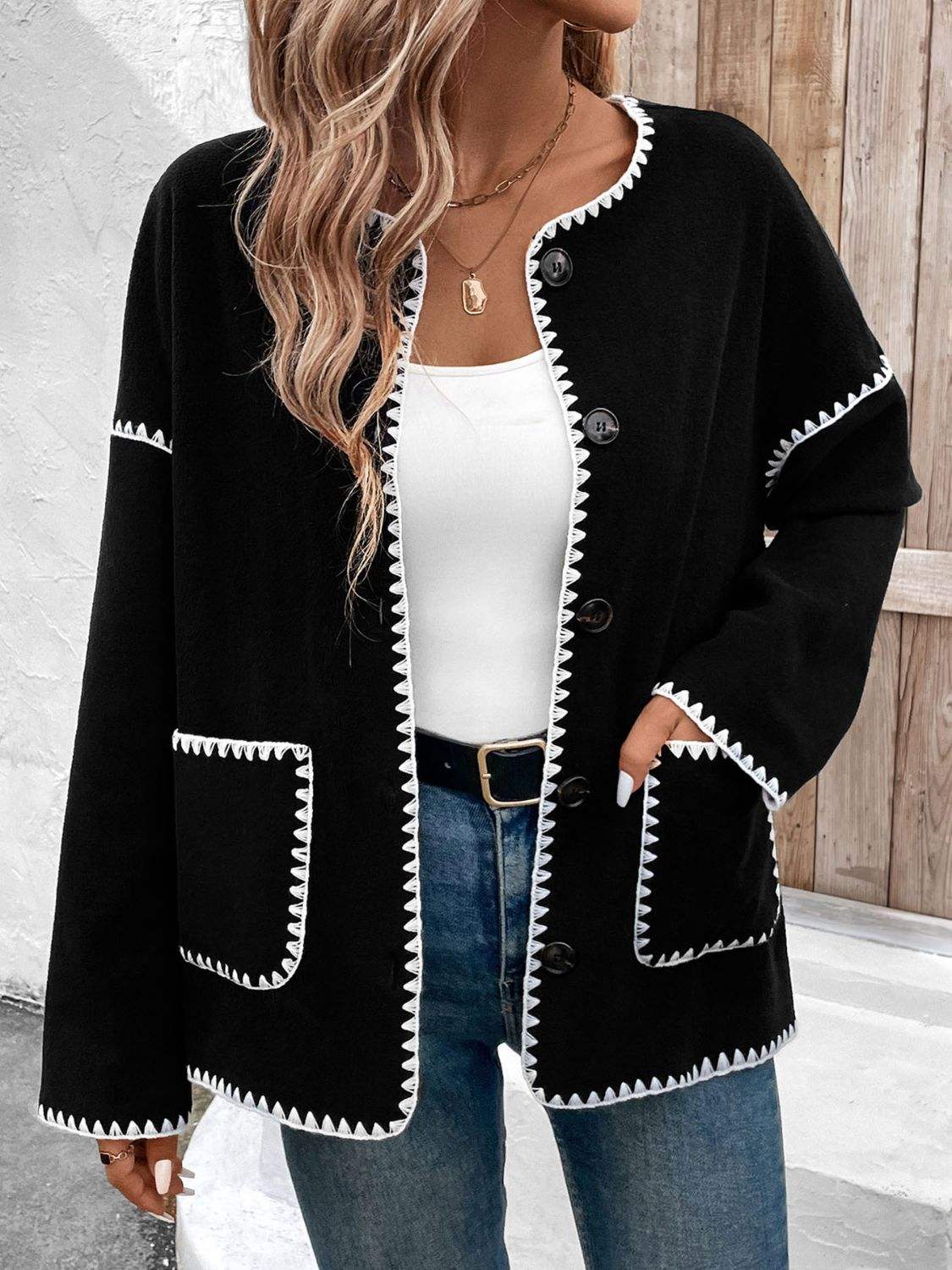 Perfee Pocketed Contrast Button Up Jacket - Trendsi - Flyclothing LLC