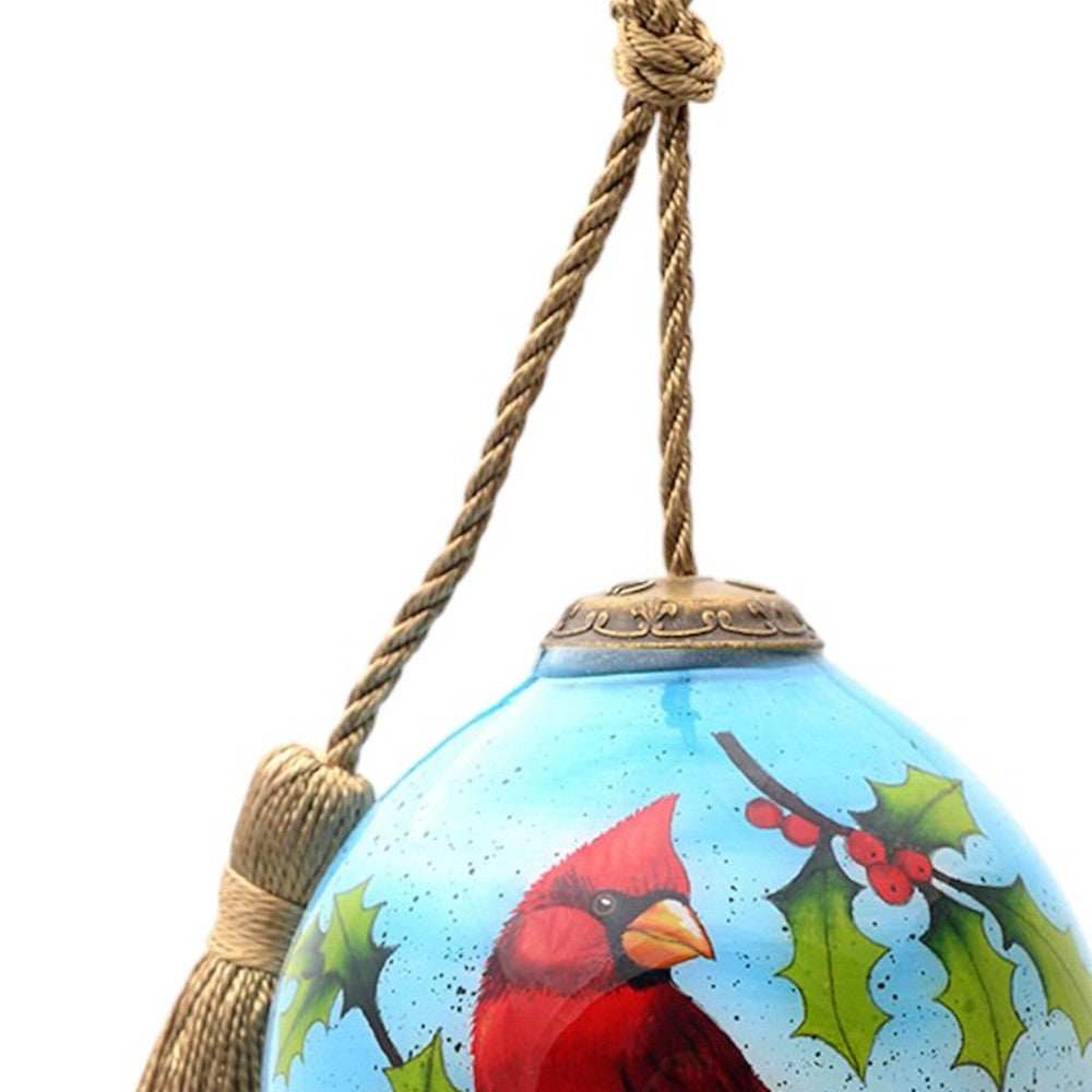 Red Cardinal on Christmas Holly Branches Hand Painted Mouth Blown Glass Ornament - Homeroots - Flyclothing LLC