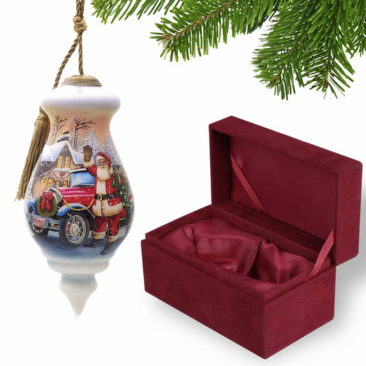 Vintage Car and Santa Waving Hand Painted Mouth Blown Glass Ornament - Homeroots - Flyclothing LLC