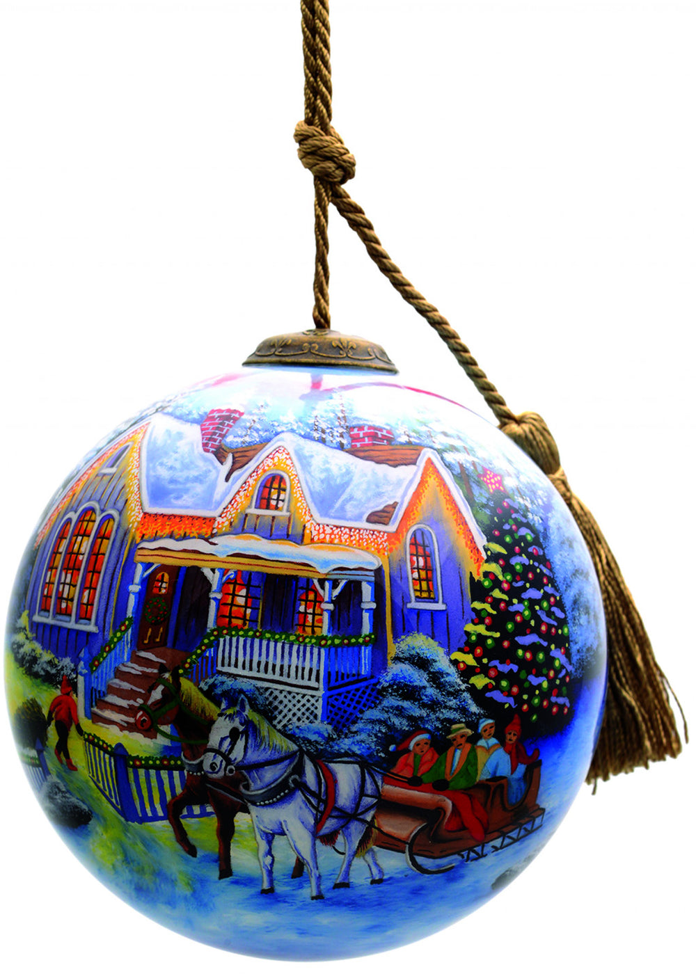 Christmas Home and Horse Carriage Hand Painted Mouth Blown Glass Ornament - Homeroots