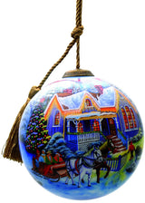 Christmas Home and Horse Carriage Hand Painted Mouth Blown Glass Ornament - Homeroots - Flyclothing LLC