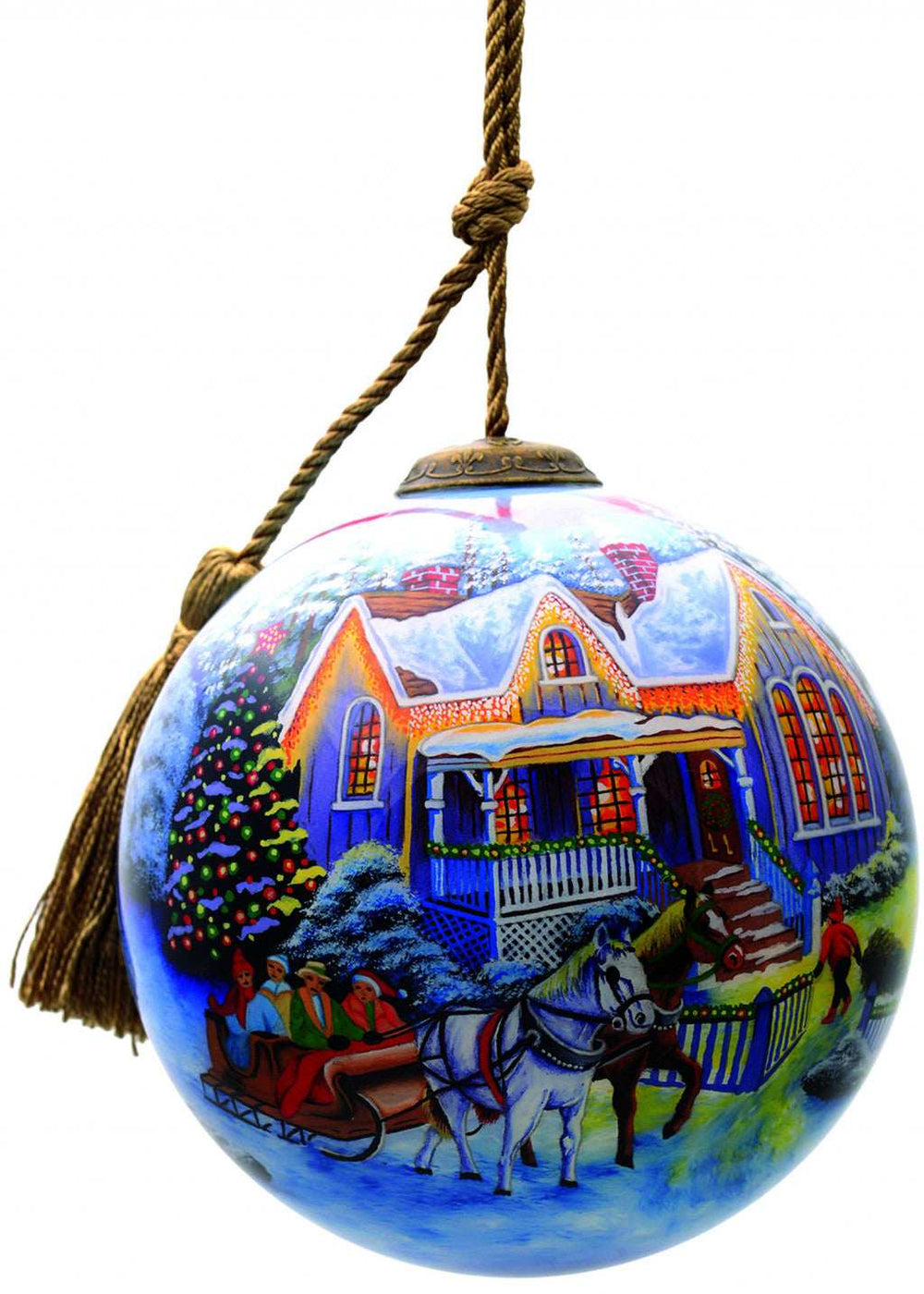 Christmas Home and Horse Carriage Hand Painted Mouth Blown Glass Ornament - Homeroots - Flyclothing LLC