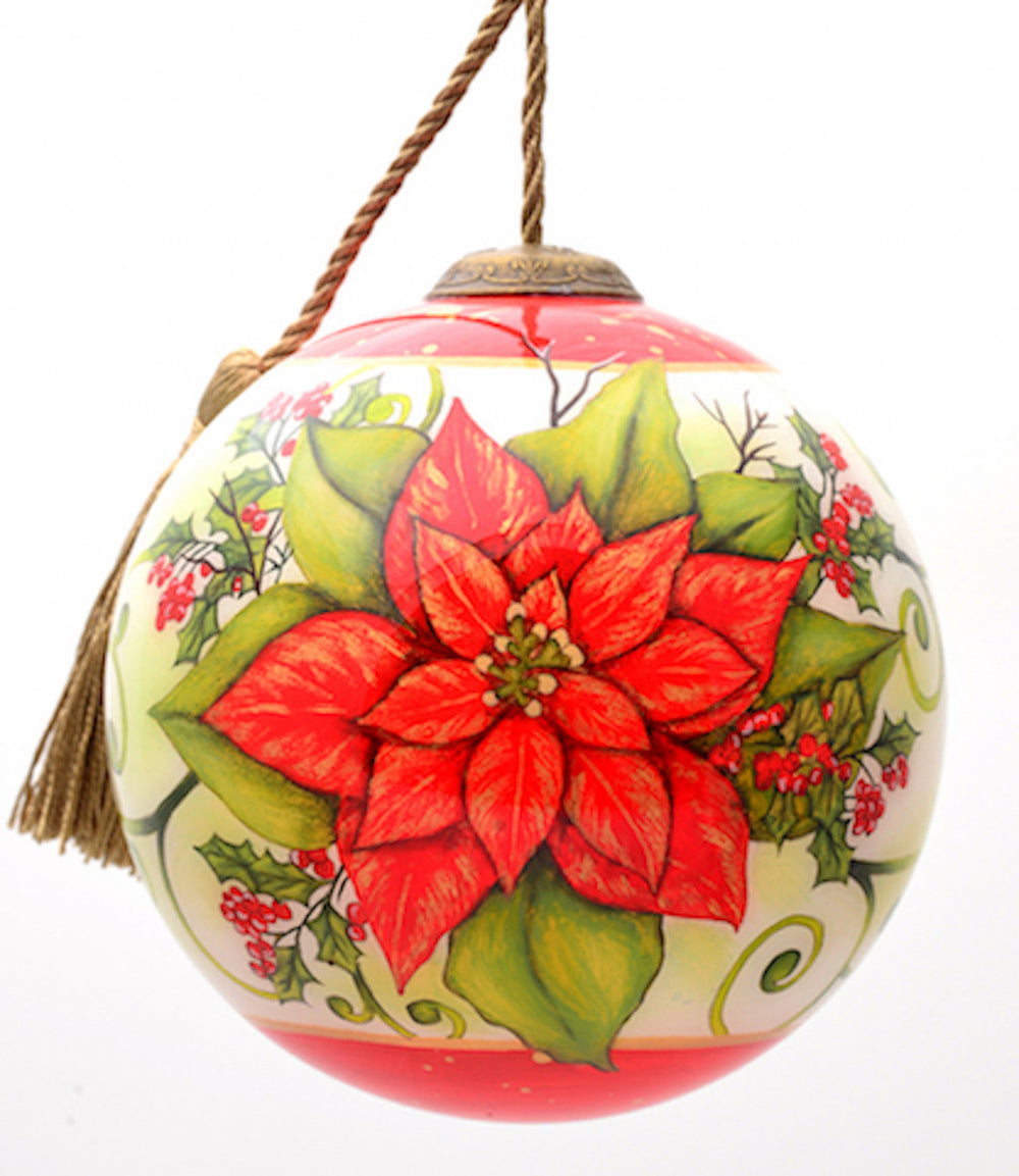 Poinsettia Flower Hand Painted Mouth Blown Glass Ornament - Homeroots