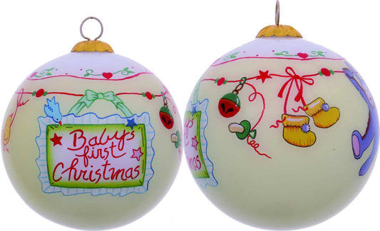 Baby's First Christmas with Motifs Hand Painted Mouth Blown Glass Ornament - Homeroots - Flyclothing LLC