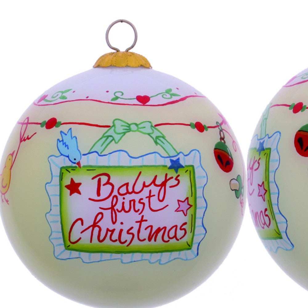 Baby's First Christmas with Motifs Hand Painted Mouth Blown Glass Ornament - Homeroots - Flyclothing LLC