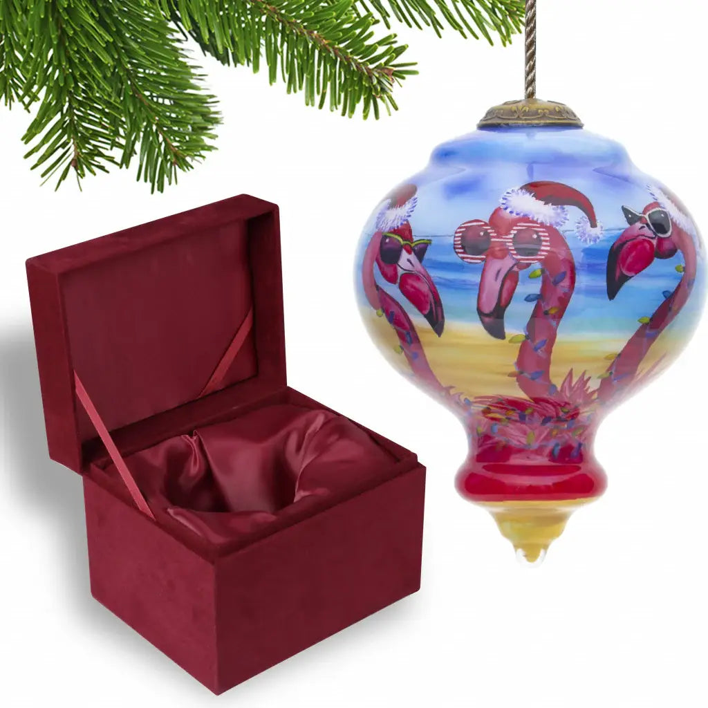 Pink Christmas Flamingos Hand Painted Mouth Blown Glass Ornament - Homeroots - Flyclothing LLC