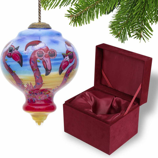 Pink Christmas Flamingos Hand Painted Mouth Blown Glass Ornament - Homeroots - Flyclothing LLC
