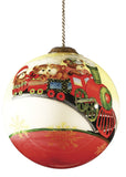 Teddy on Toy Train Hand Painted Mouth Blown Glass Ornament - Homeroots