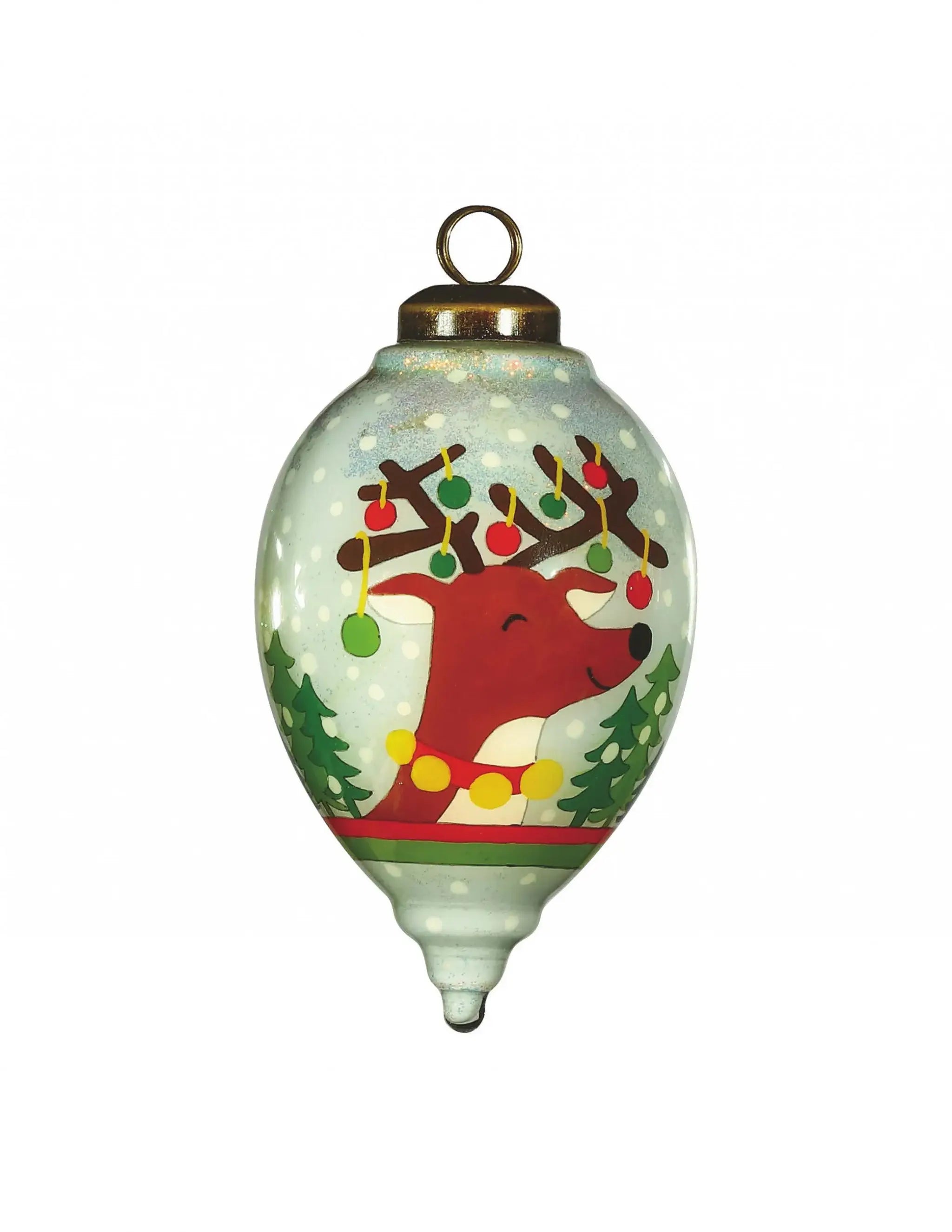 Festive Glitter Reindeer with Lights Hand Painted Mouth Blown Glass Ornament - Homeroots - Flyclothing LLC