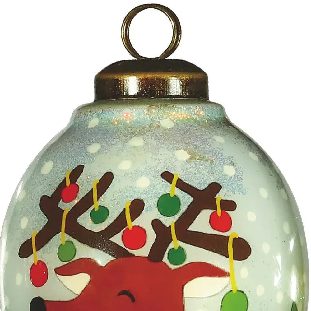 Festive Glitter Reindeer with Lights Hand Painted Mouth Blown Glass Ornament - Homeroots - Flyclothing LLC
