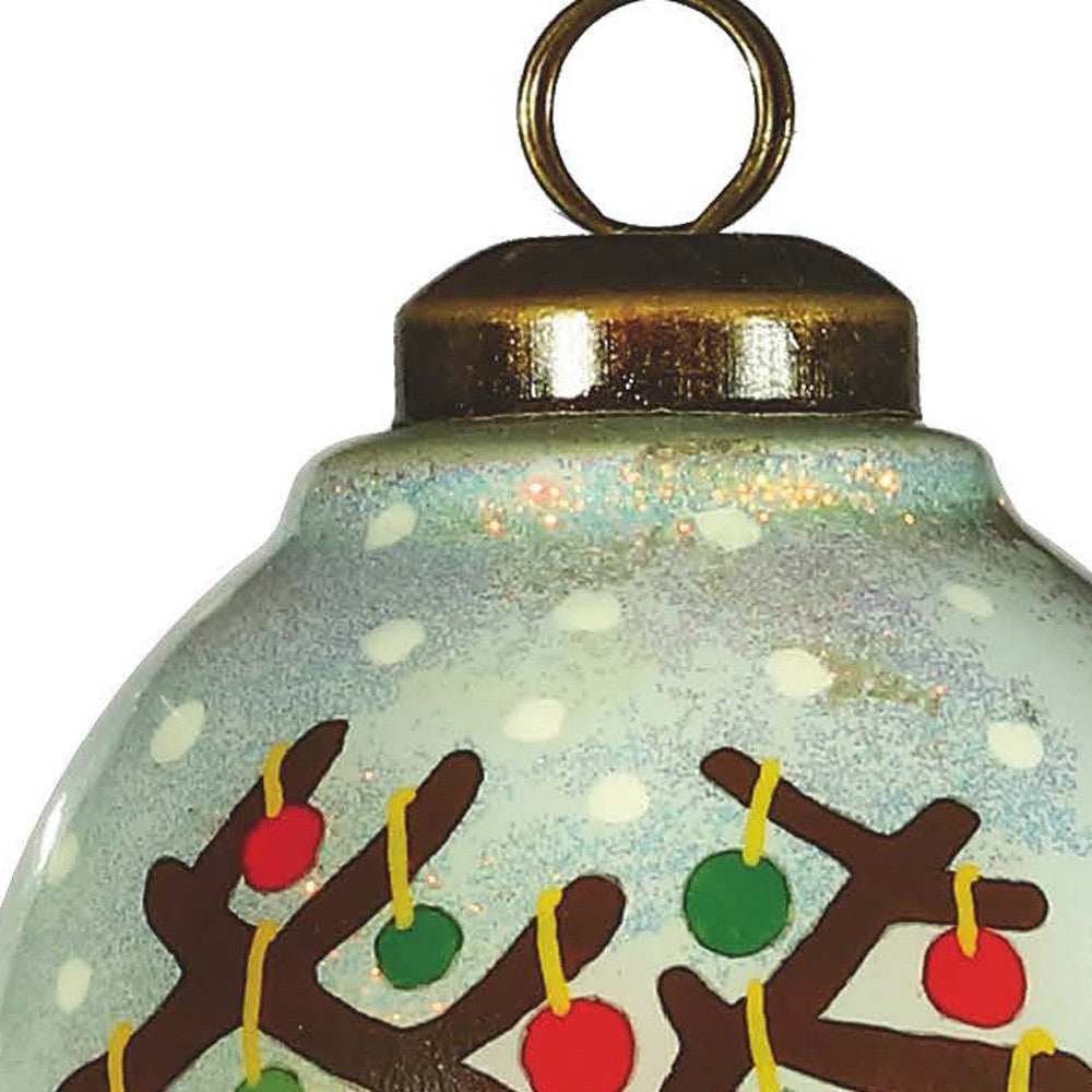 Festive Glitter Reindeer with Lights Hand Painted Mouth Blown Glass Ornament - Homeroots - Flyclothing LLC