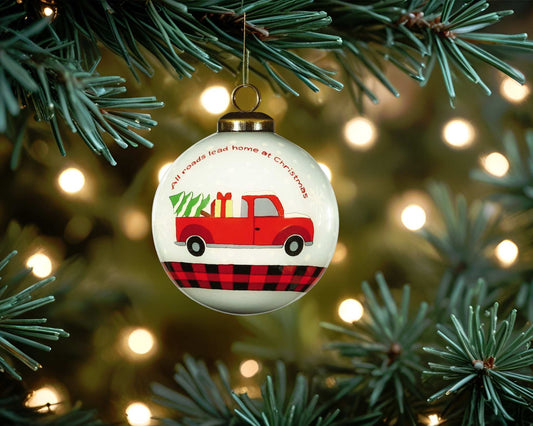 Red Pickup Truck with Presents Hand Painted Mouth Blown Glass Ornament - Homeroots - Flyclothing LLC