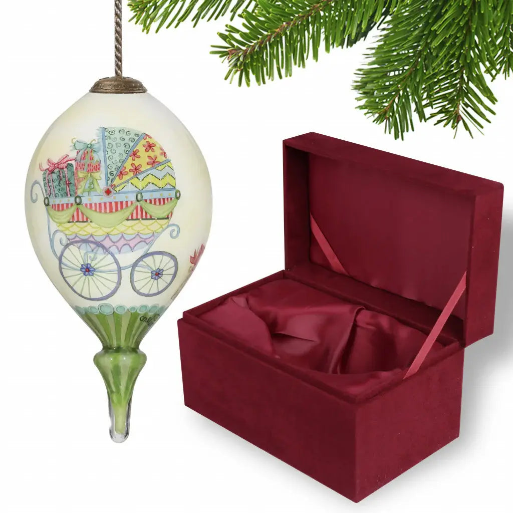 Baby Carriage with Presents Hand Painted Mouth Blown Glass Ornament - Homeroots - Flyclothing LLC