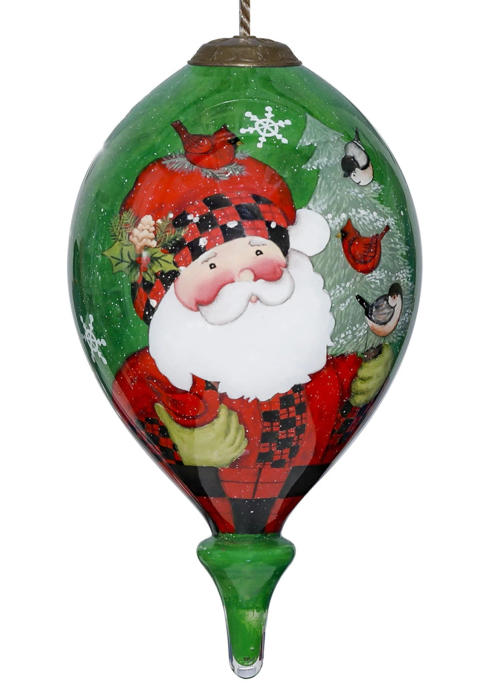 Plaid Santa with Cardinals Hand Painted Mouth Blown Glass Ornament - Homeroots