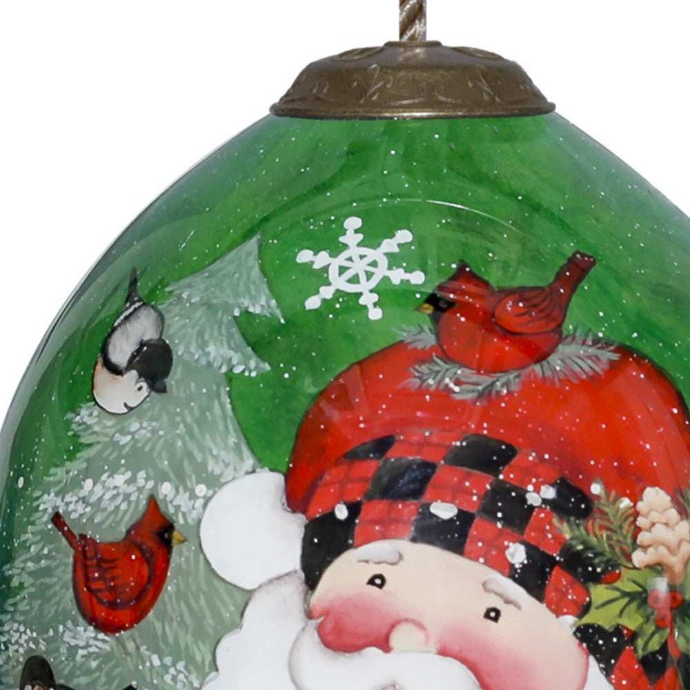 Plaid Santa with Cardinals Hand Painted Mouth Blown Glass Ornament - Homeroots - Flyclothing LLC
