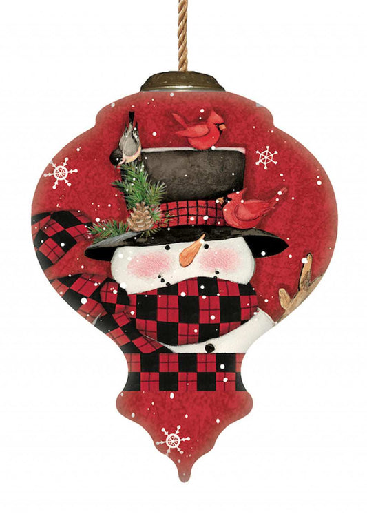 Plaid Snowman and Cardinals Hand Painted Mouth Blown Glass Ornament - Homeroots - Flyclothing LLC