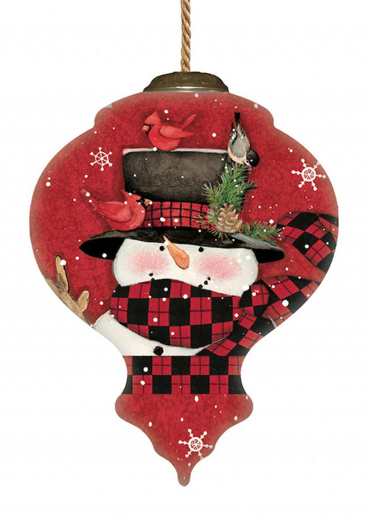 Plaid Snowman and Cardinals Hand Painted Mouth Blown Glass Ornament - Homeroots - Flyclothing LLC