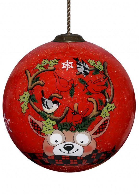Reindeer with Plaids and Cardinals Hand Painted Mouth Blown Glass Ornament - Homeroots - Flyclothing LLC