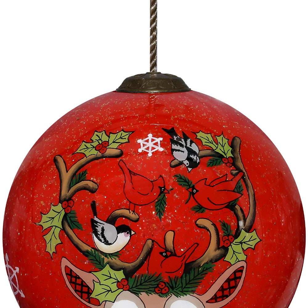 Reindeer with Plaids and Cardinals Hand Painted Mouth Blown Glass Ornament - Homeroots - Flyclothing LLC