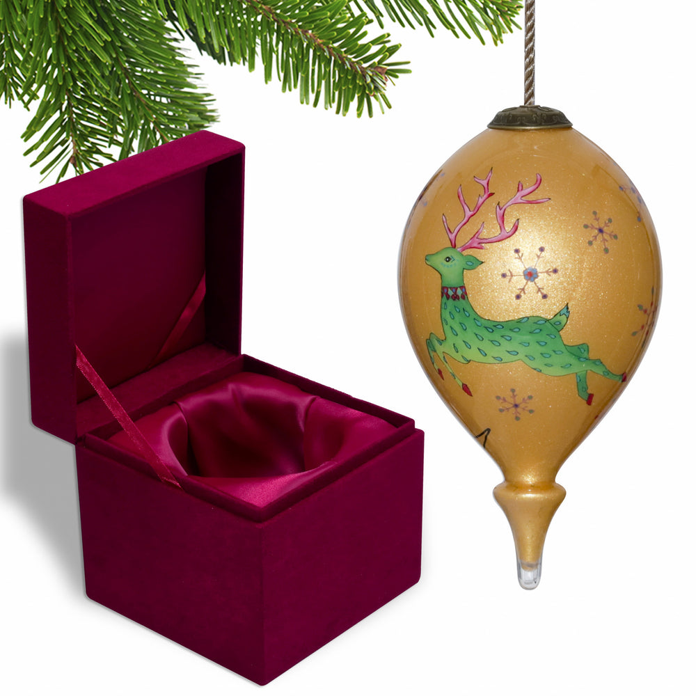 Golden Reindeer and Snowflakes Hand Painted Mouth Blown Glass Ornament - Homeroots