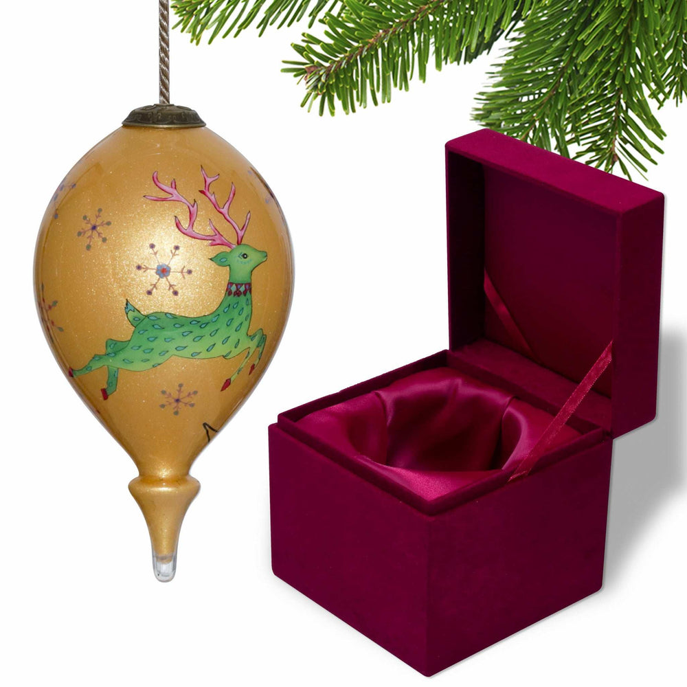 Golden Reindeer and Snowflakes Hand Painted Mouth Blown Glass Ornament - Homeroots - Flyclothing LLC