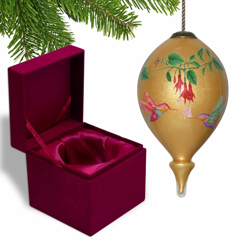 Golden Flowers and Hummingbirds Hand Painted Mouth Blown Glass Ornament - Homeroots
