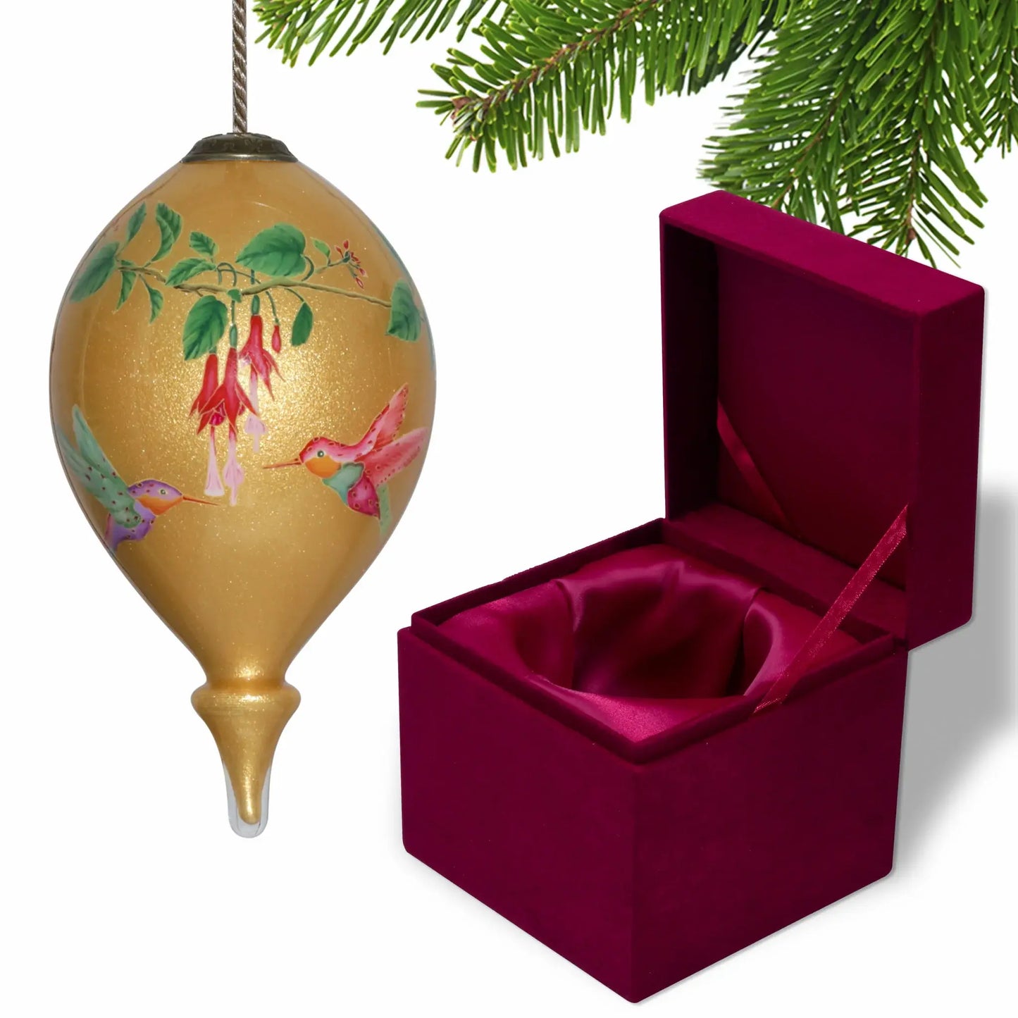 Golden Flowers and Hummingbirds Hand Painted Mouth Blown Glass Ornament - Homeroots - Flyclothing LLC
