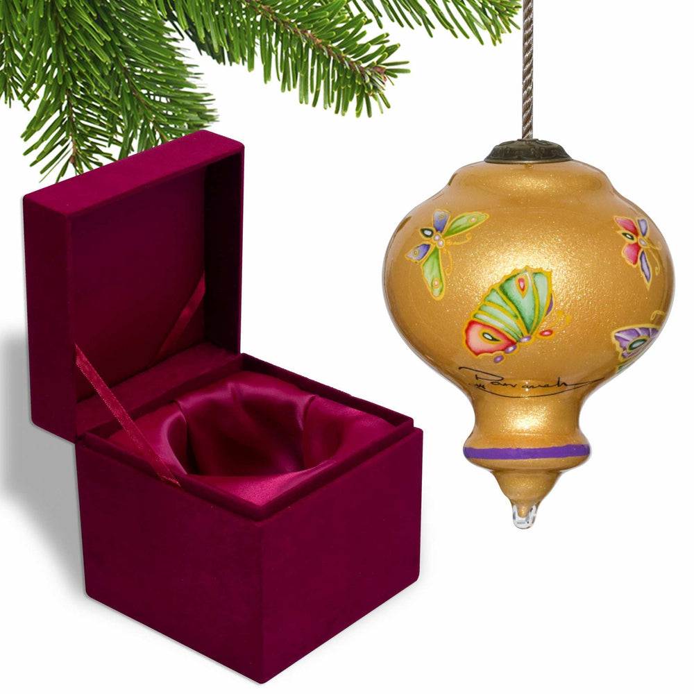 Golden Extravagant Butterflies Hand Painted Mouth Blown Glass Ornament - Homeroots - Flyclothing LLC