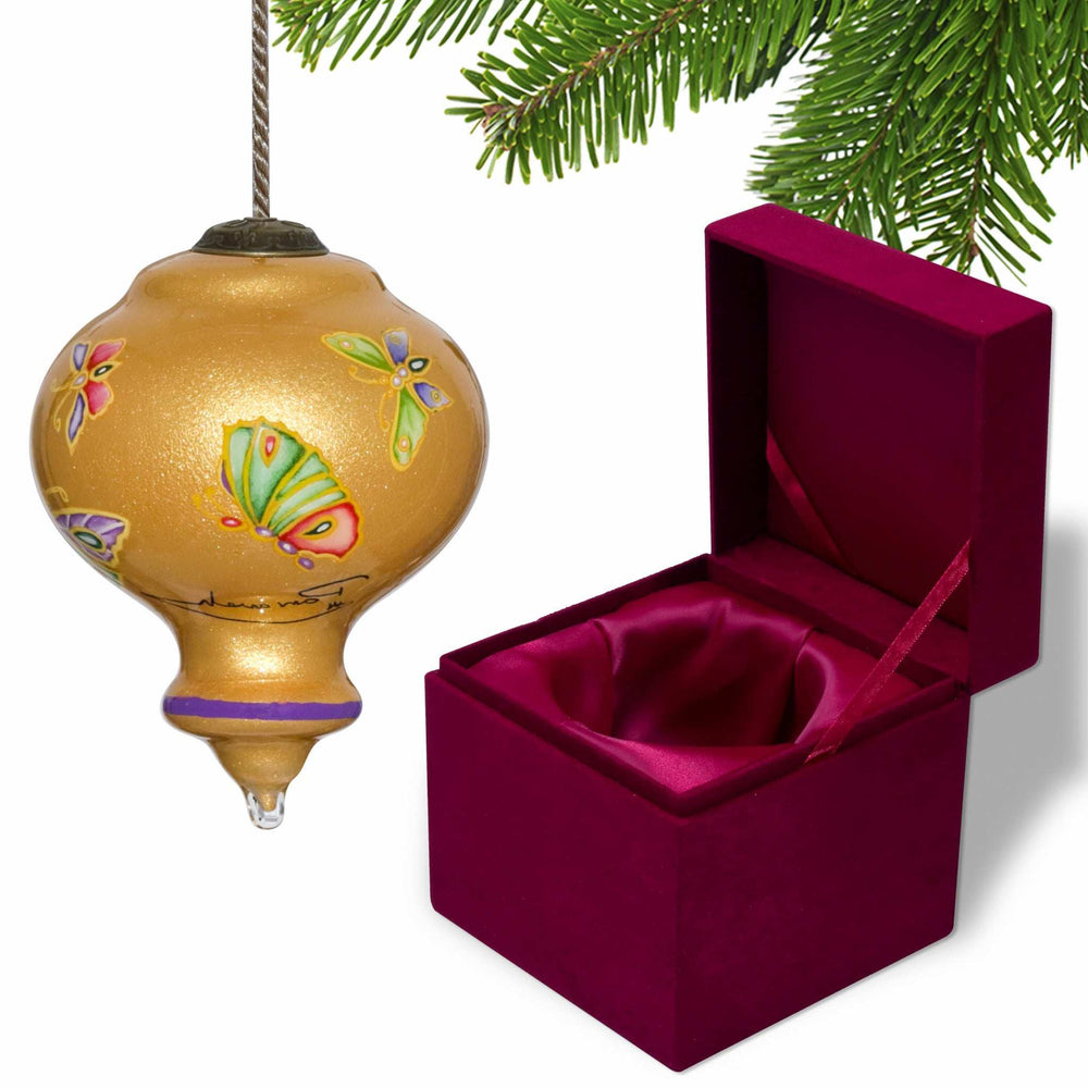 Golden Extravagant Butterflies Hand Painted Mouth Blown Glass Ornament - Homeroots - Flyclothing LLC