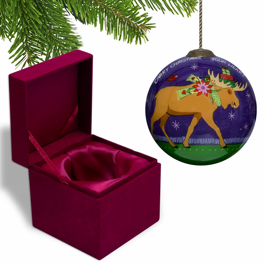 Christmas Moose Walking Hand Painted Mouth Blown Glass Ornament - Homeroots