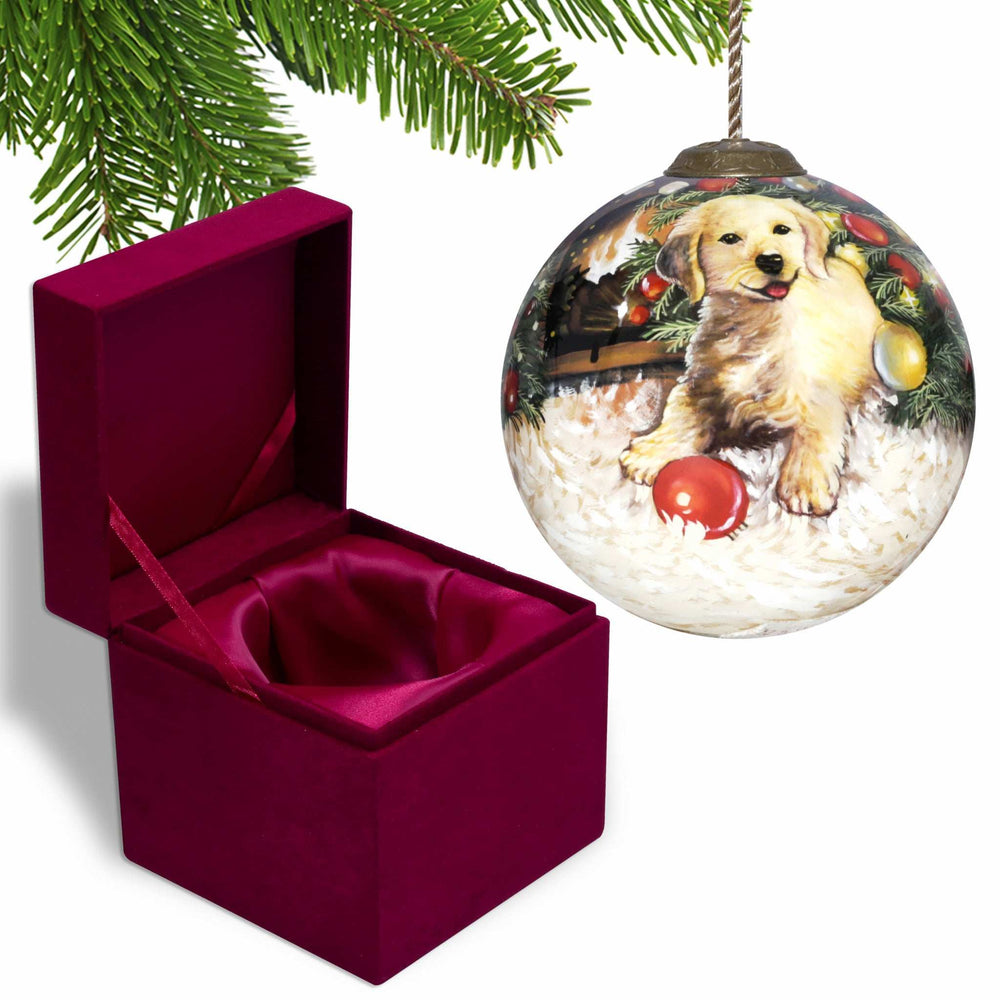 Puppy under the Christmas Tree Hand Painted Mouth Blown Glass Ornament - Homeroots - Flyclothing LLC