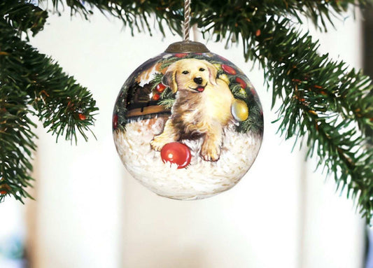 Puppy under the Christmas Tree Hand Painted Mouth Blown Glass Ornament - Homeroots - Flyclothing LLC