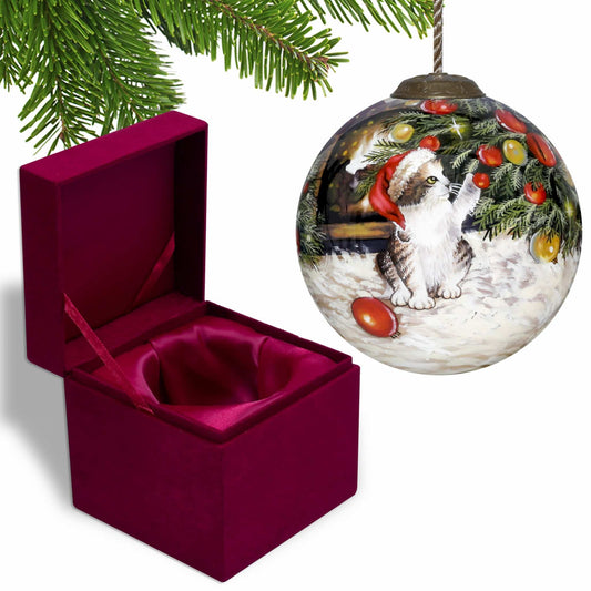 Kitten under the Christmas Tree Hand Painted Mouth Blown Glass Ornament - Homeroots - Flyclothing LLC