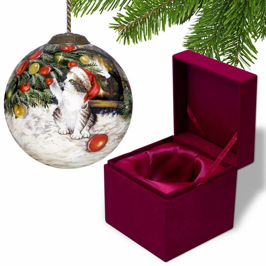 Kitten under the Christmas Tree Hand Painted Mouth Blown Glass Ornament - Homeroots - Flyclothing LLC