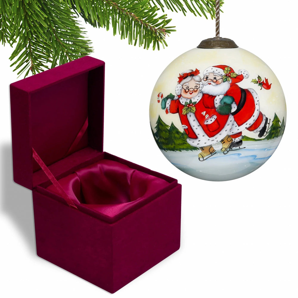 Ice Skating Mr. and Mrs. Santa Hand Painted Mouth Blown Glass Ornament - Homeroots